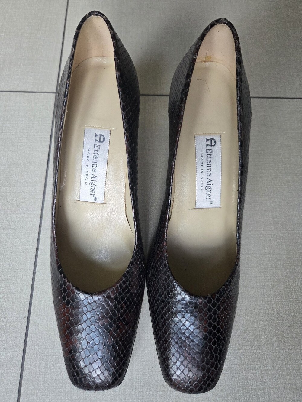 Etienne Aigner Brown Snake-Embossed Leather Pumps